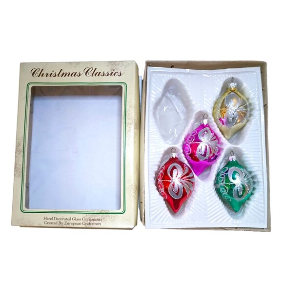 Vtg Christmas Classics Blown Glass Teardrop Ornaments Set Hand Decorated Romania - Picture 1 of 4